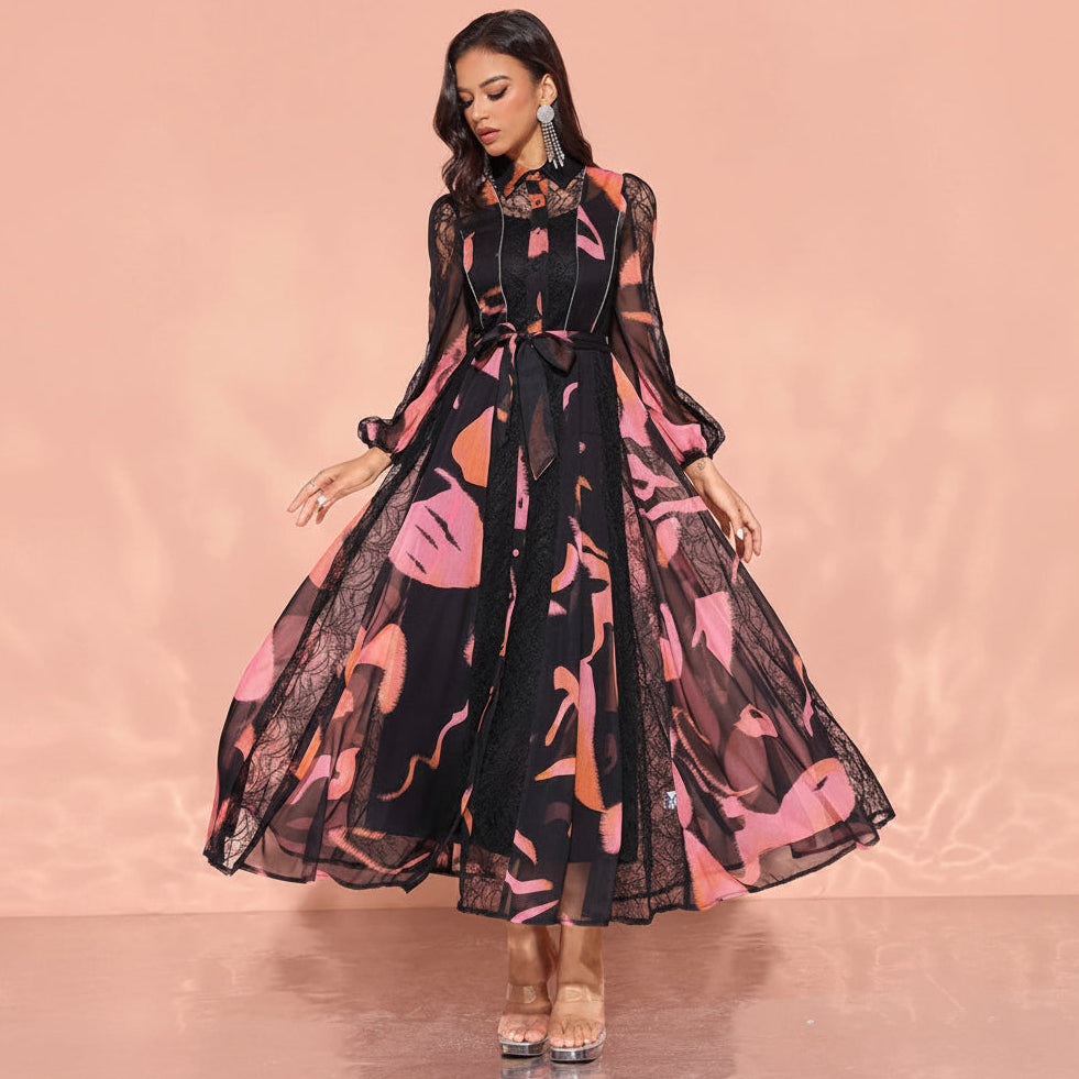 Women's modest chiffon black pink lace waist tie buttpn-up collar Eid maxi dress