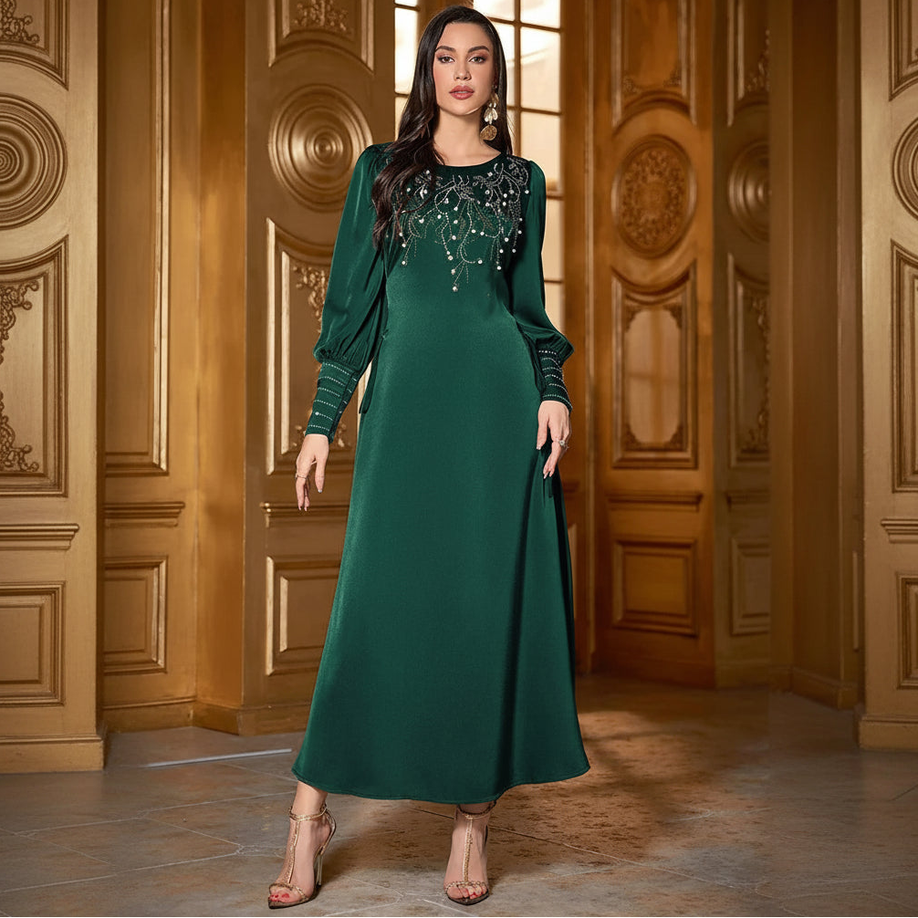 Women's modest chiffon Emerald Green side-lace tie Eid maxi dress