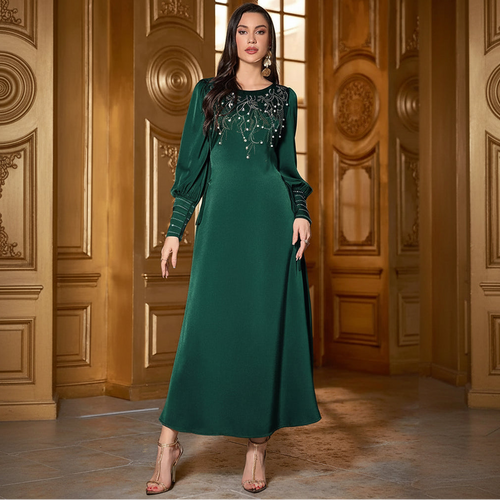 Women's modest chiffon Emerald Green side-lace tie Eid maxi dress