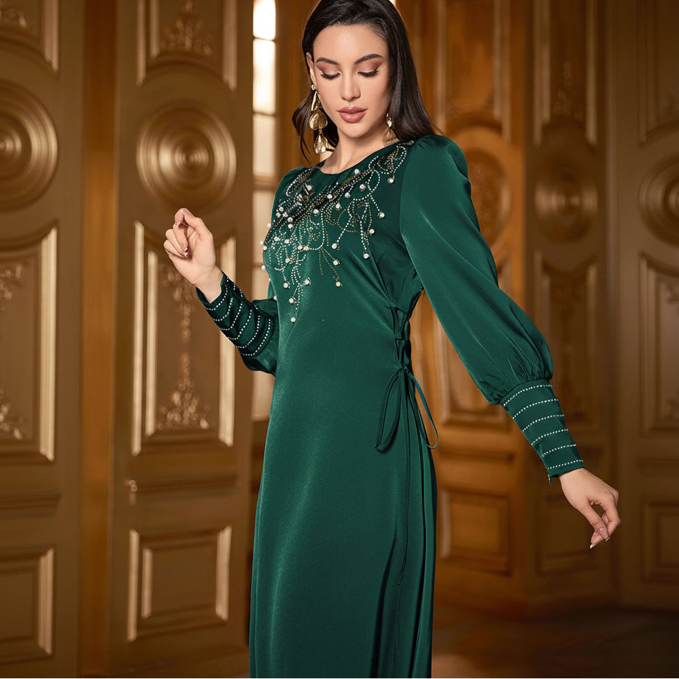 Women's modest chiffon Emerald Green side-lace tie Eid maxi dress