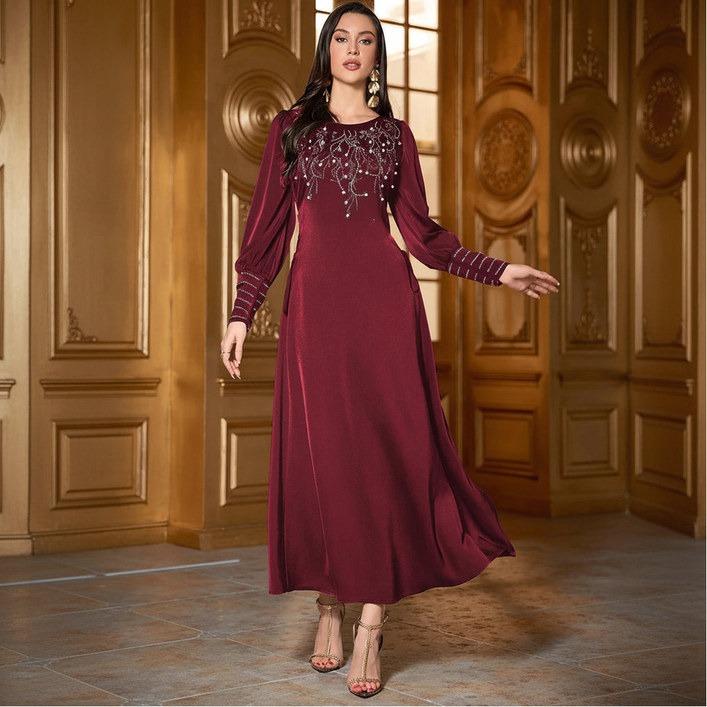Women's modest chiffon Ruby Red side-lace tie Eid maxi dress