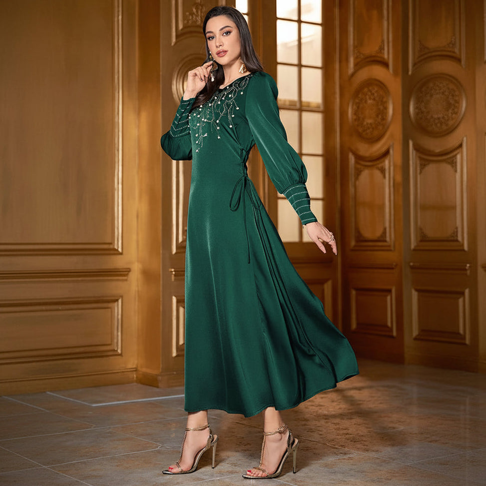 Women's modest chiffon Emerald Green side-lace tie Eid maxi dress