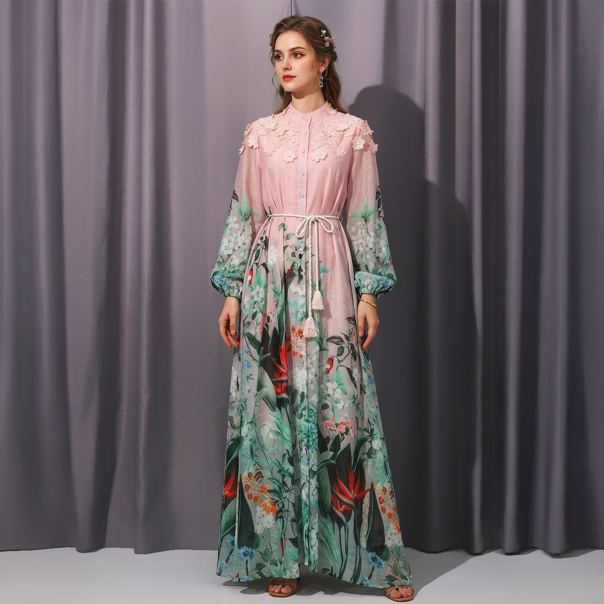 Women's modest floral multi-coloured print empire waist maxi dress.