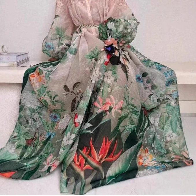 Women's modest floral multi-coloured print empire waist maxi dress.