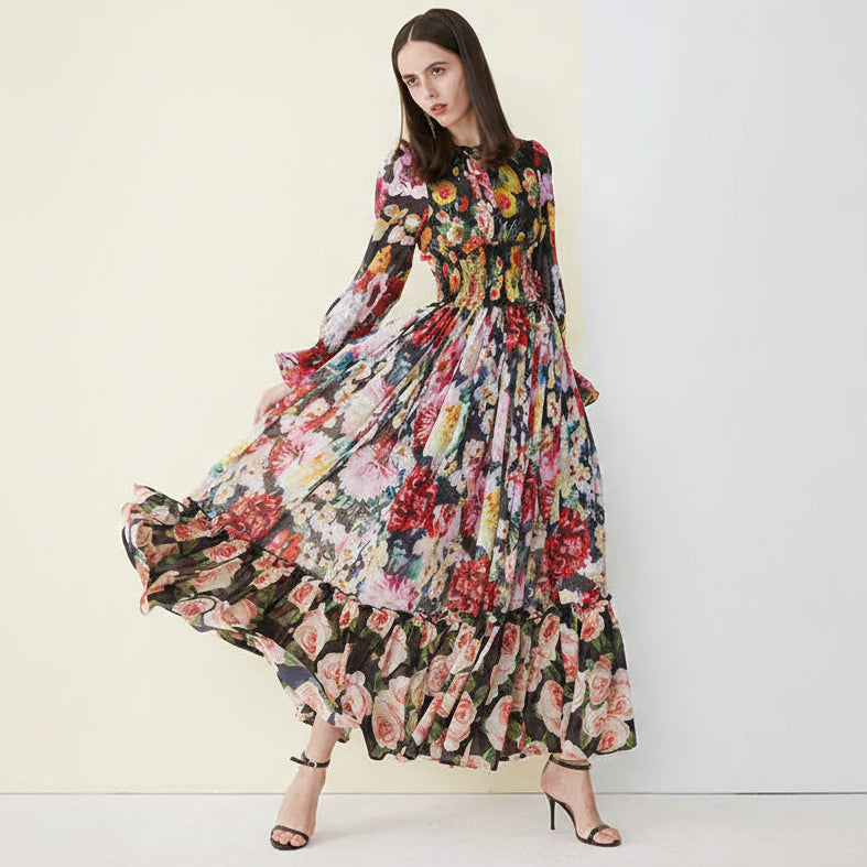 Multi-coloured floral, modest, long ruffle sleeve black tiered maxi dress.
