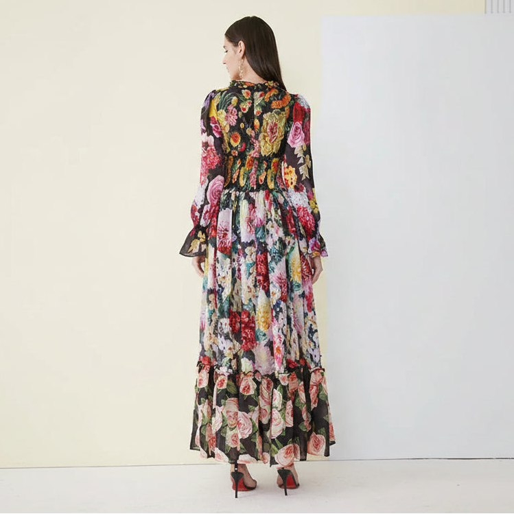 Multi-coloured floral, modest, long ruffle sleeve black tiered maxi dress back.