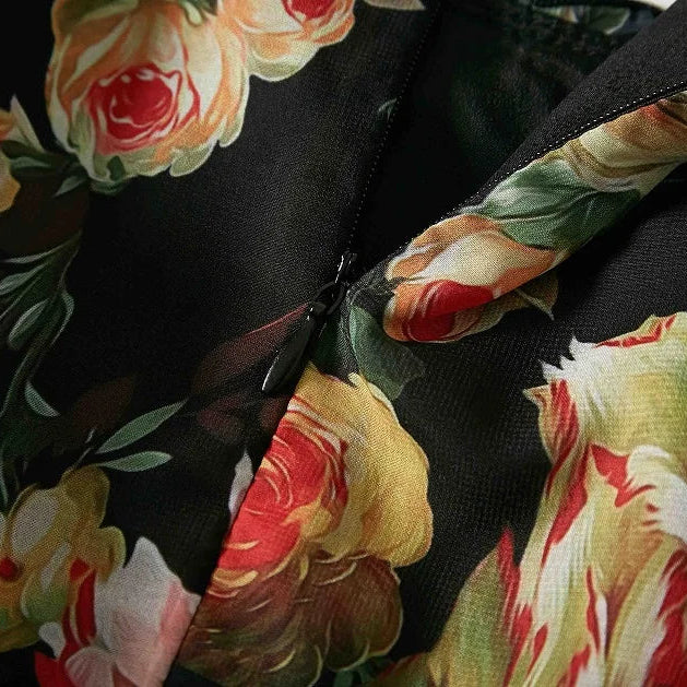 Multi-coloured floral, modest black tiered maxi dress back zipper.
