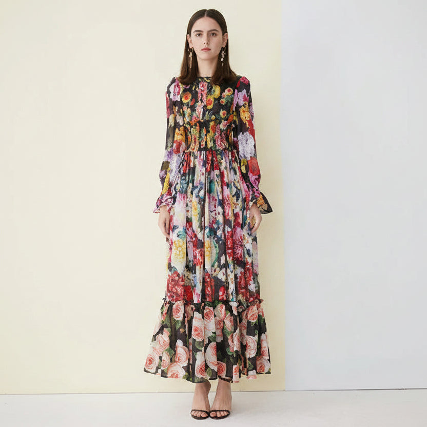 Multi-coloured floral, modest, long ruffle sleeve black tiered maxi dress.