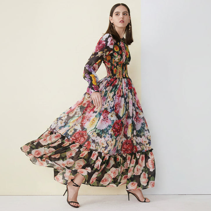 Multi-coloured floral, modest, long ruffle sleeve black tiered maxi dress.