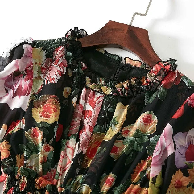 Multi-coloured floral, modest black tiered maxi dress ruffle neckline.