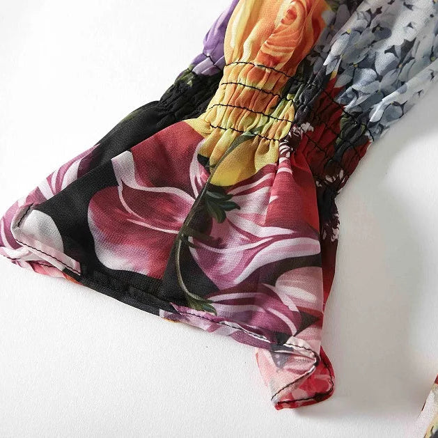 Multi-coloured floral, modest black tiered maxi dress ruffle sleeve.