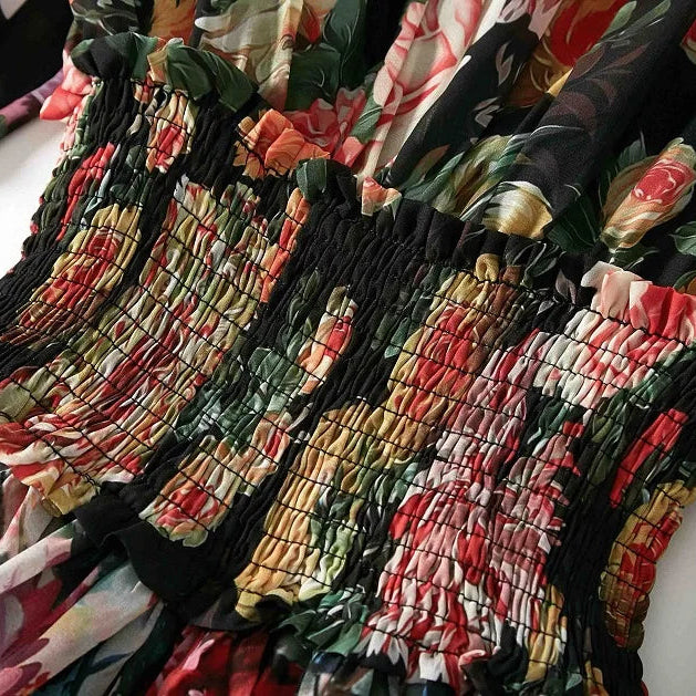 Multi-coloured floral, modest, black tiered maxi dress smocked waist.