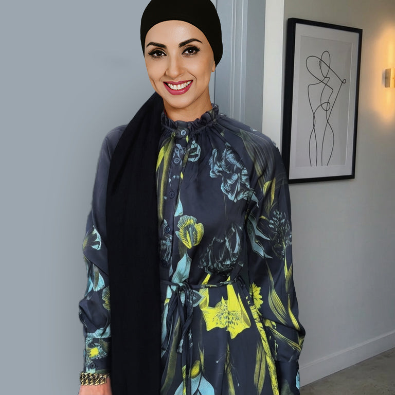 Women's floral, long sleeve, full front button-up self-tie waist navy blue maxi dress.