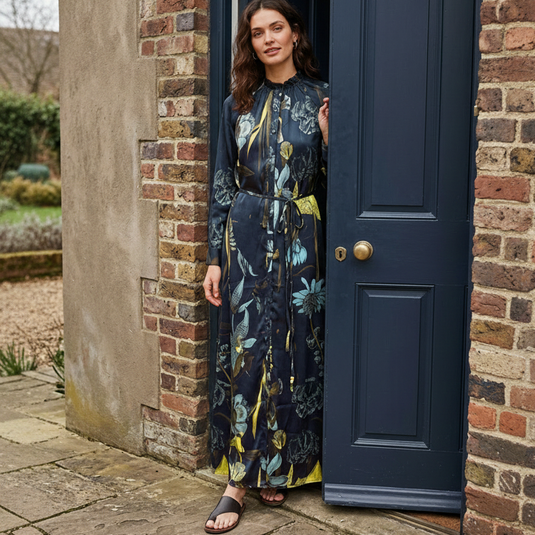 Women's floral, long sleeve, full front button-up self-tie waist navy blue maxi dress.