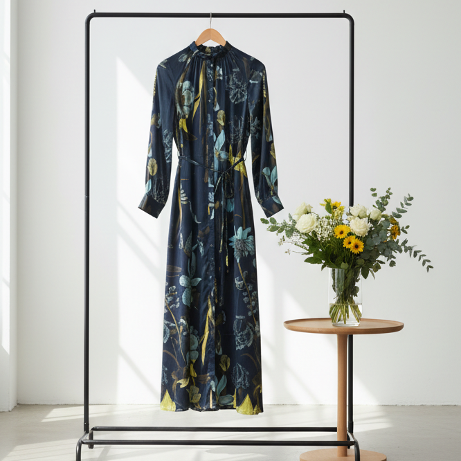 Women's floral navy blue, cuffed sleeve, full front button-down maxi dress 