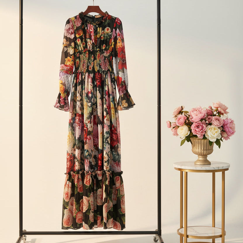 Multi-coloured floral, modest black tiered maxi dress.