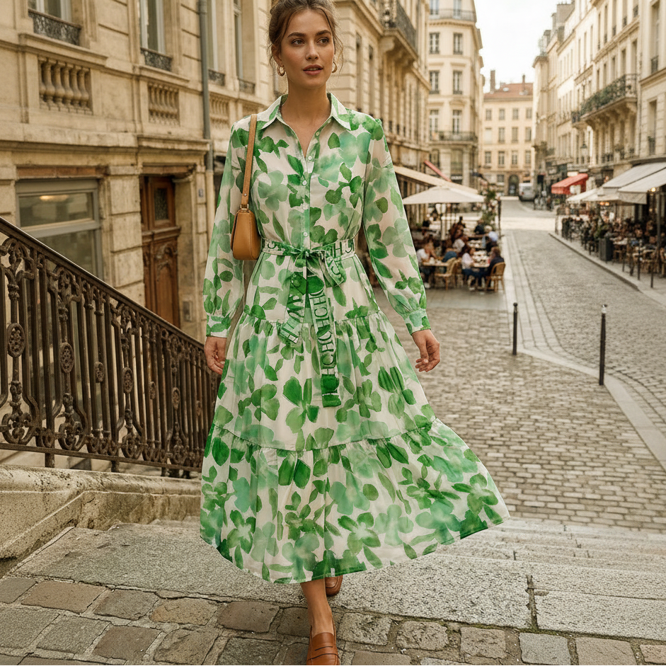 Women's modest chiffon green leaf tiered  long sleeve self-tie belt maxi dress