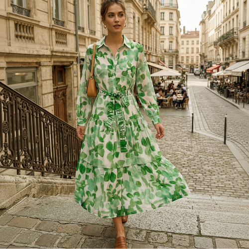Women's modest chiffon green leaf tiered  long sleeve self-tie belt maxi dress