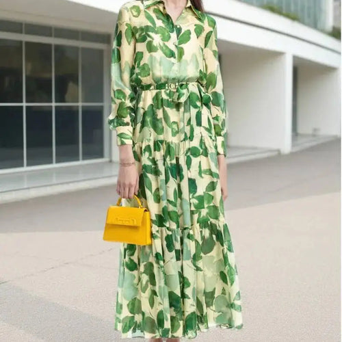 Women's modest chiffon green leaf tiered  long sleeve self-tie belt maxi dress