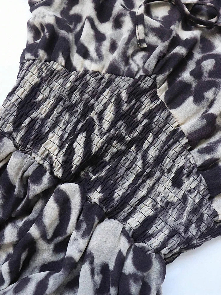 Women's modest leopard print smocked waist maxi dress
