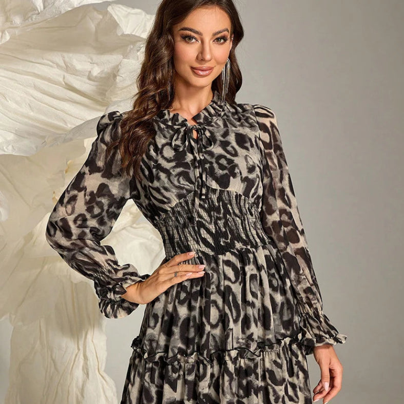 Women's leopard print petal sleeve smocked waist ruffle maxi dress