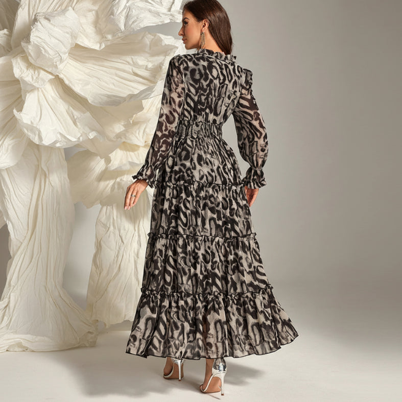Women's modest leopard print petal sleeve smocked waist tiered maxi dress