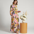 Women's modest yellow floral self-waist tie tiered button-up maxi dress
