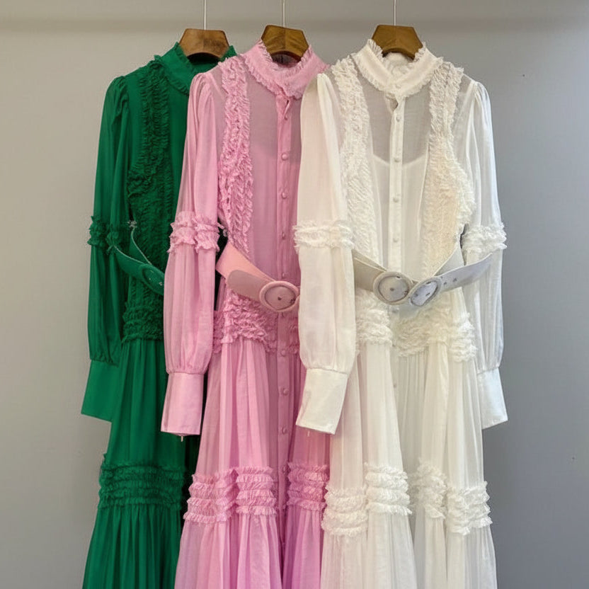 Women's green, pink and white full button-up tiered ruffle lace panel lantern sleeve self-belted maxi dress