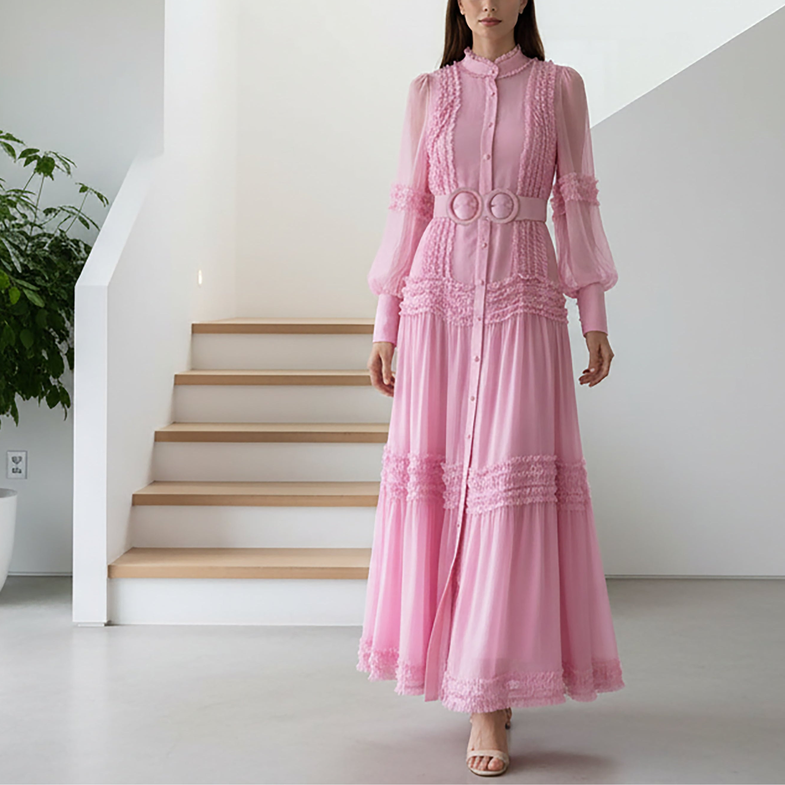 Women's pink full button-up tiered ruffle lace panel lantern sleeve self-belted maxi dress