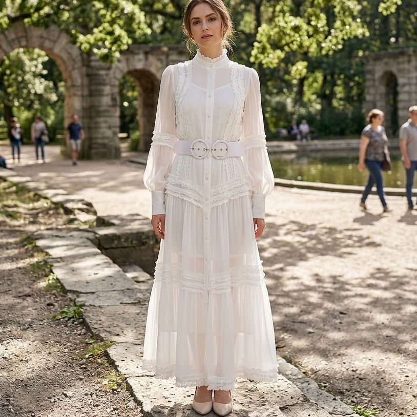 Women's white full button-up tiered ruffle lace panel lantern sleeve self-belted maxi dress