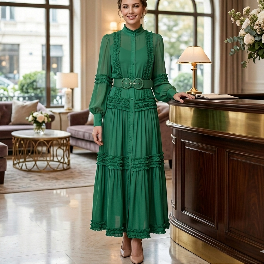 Women's green full button-up tiered ruffle lace panel lantern sleeve self-belted maxi dress