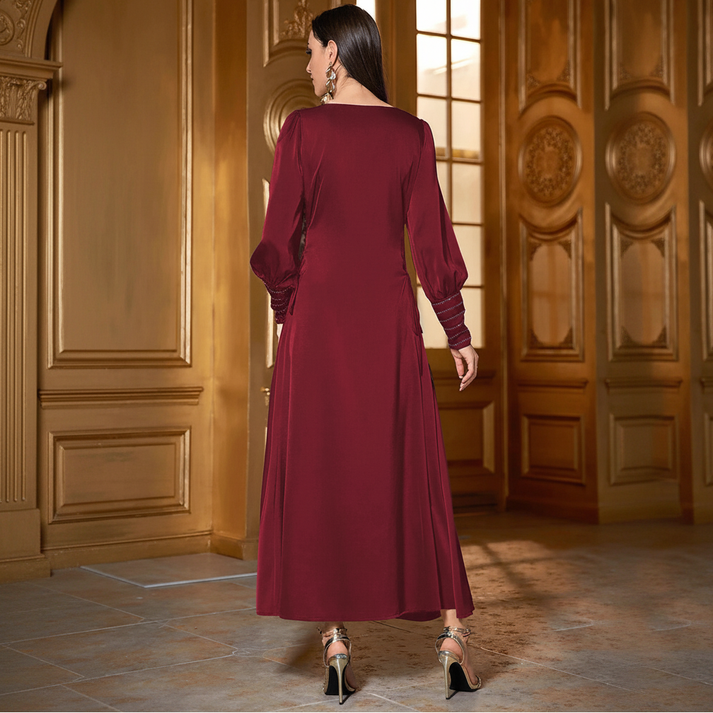 Women's modest chiffon Ruby Red side-lace tie Eid maxi dress back