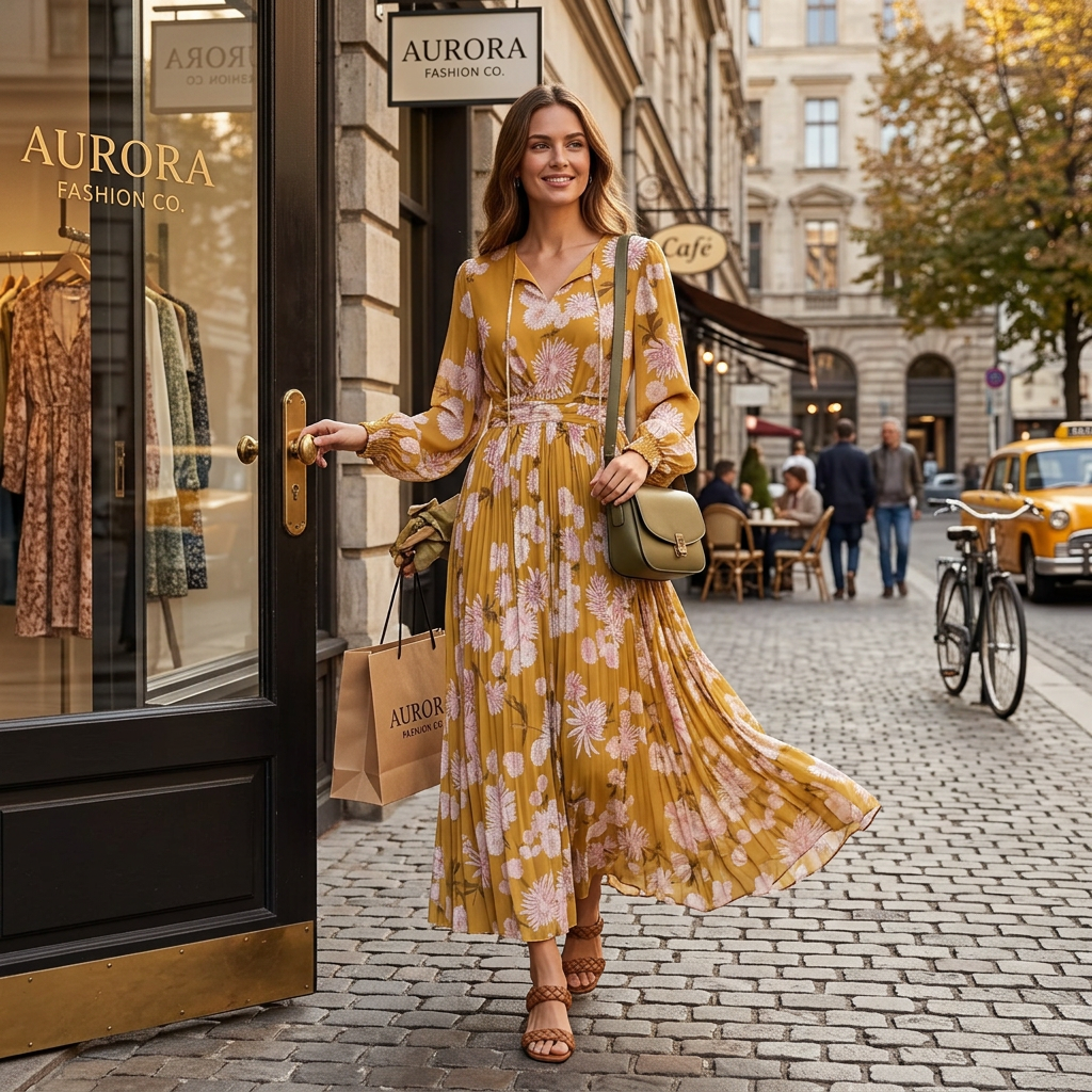 Women's modest yellow mustard white and pink floral pleated maxi dress.