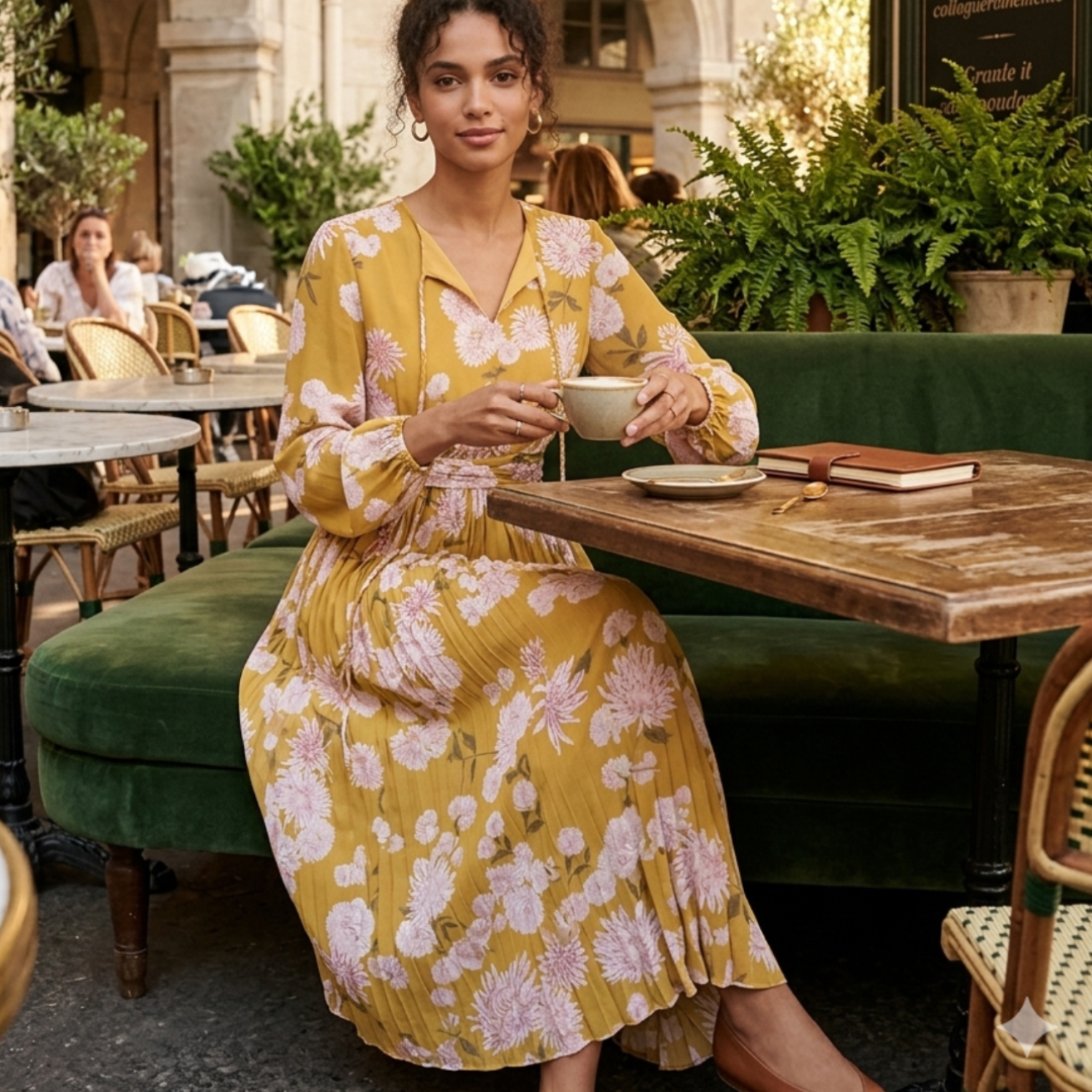 Women's modest yellow mustard white and pink floral pleated maxi dress.