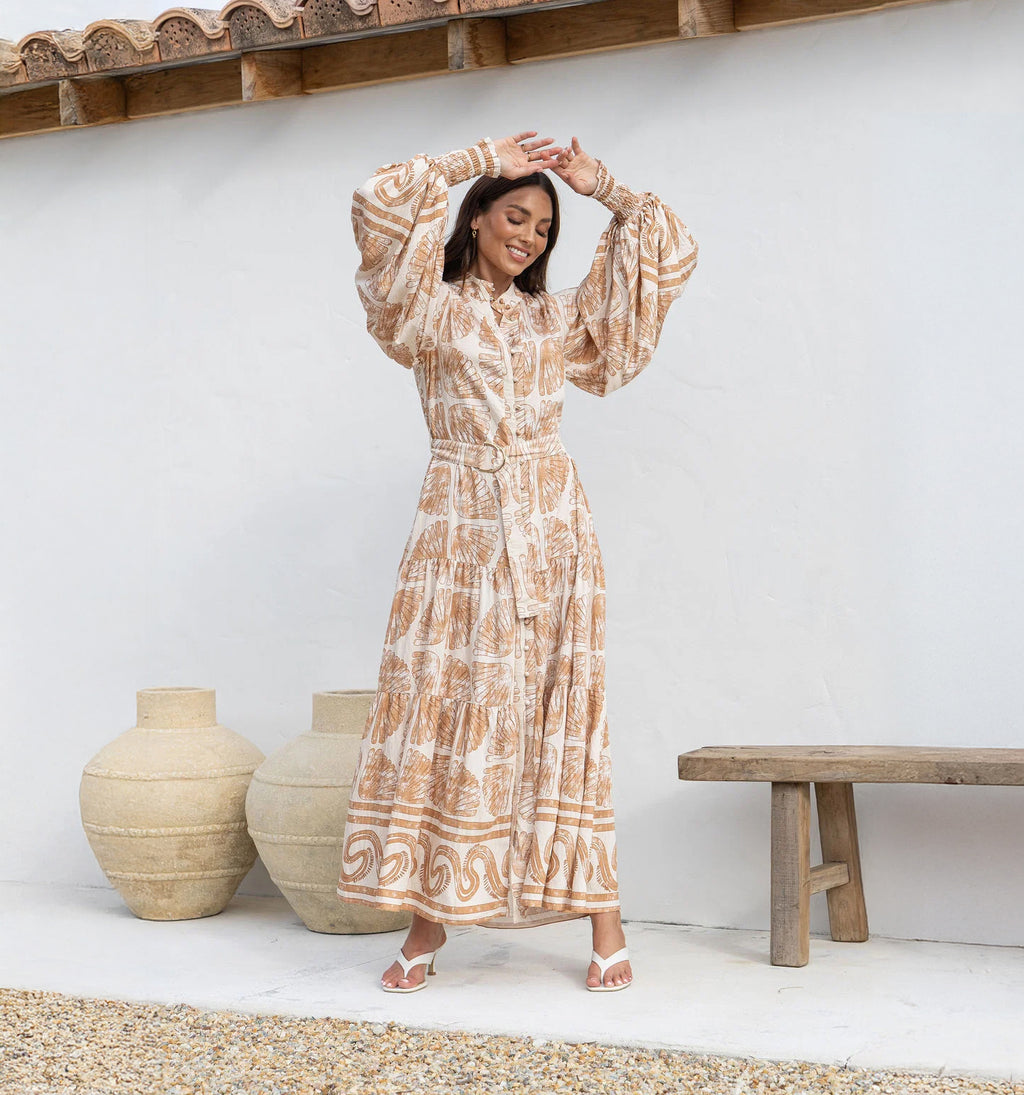 Dramatic sleeve detail on the beige Seashells print modest maxi dress