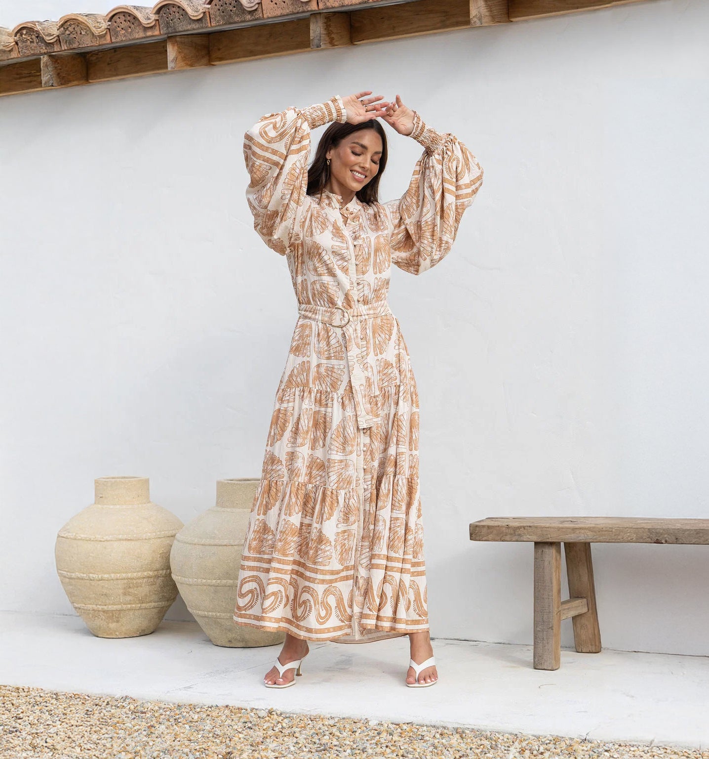Dramatic sleeve detail on the beige Seashells print modest maxi dress