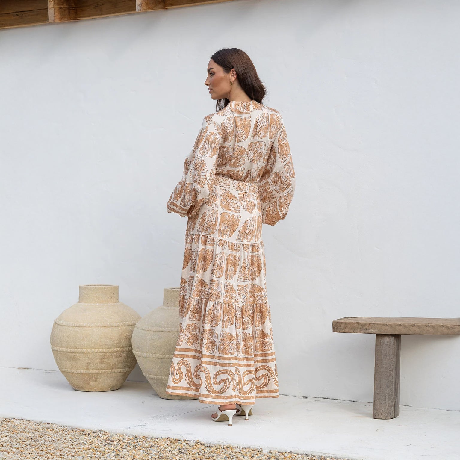 Full-length view of the beige Seashells print modest maxi dress