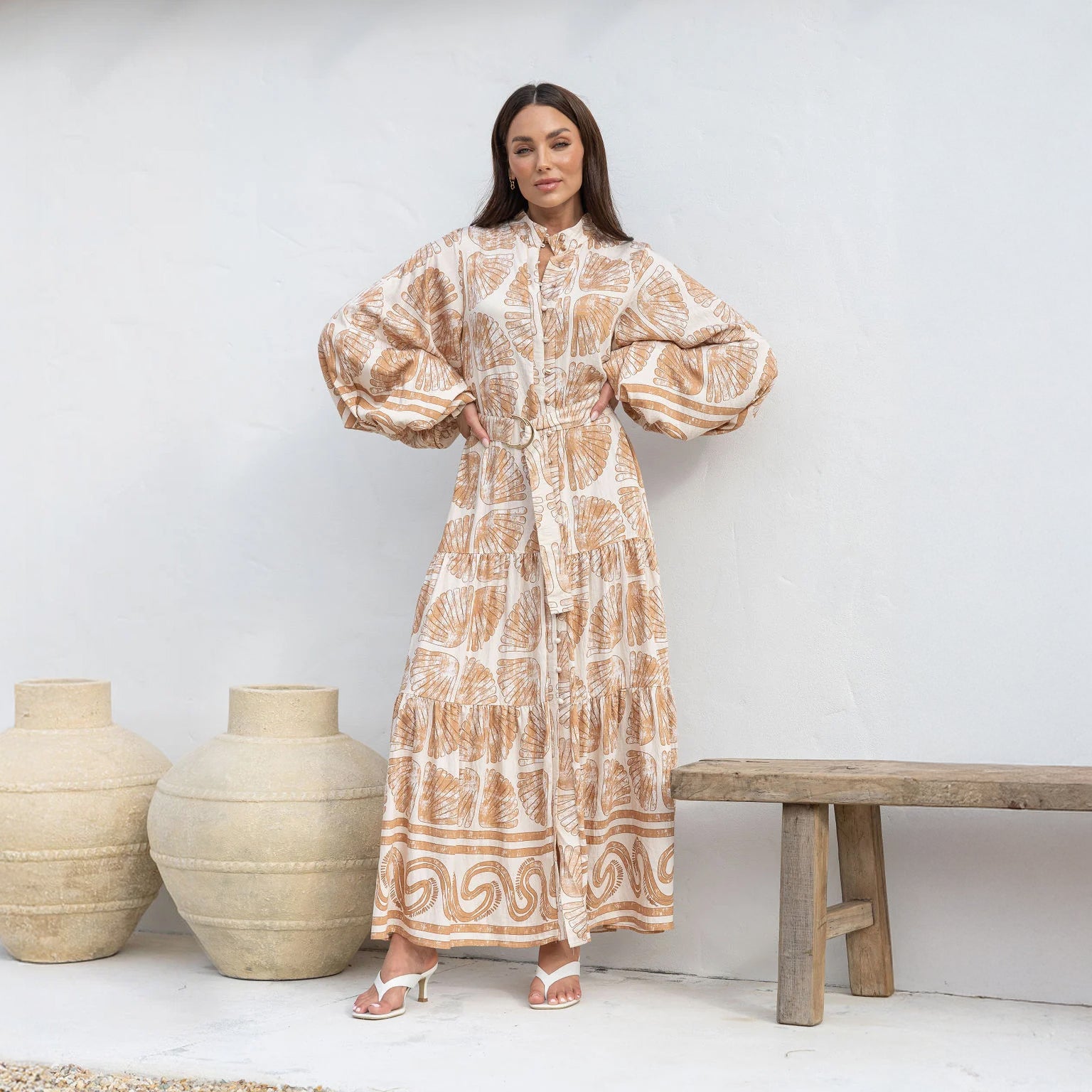 Beige Seashells print modest maxi dress with dramatic sleeves and defined waist